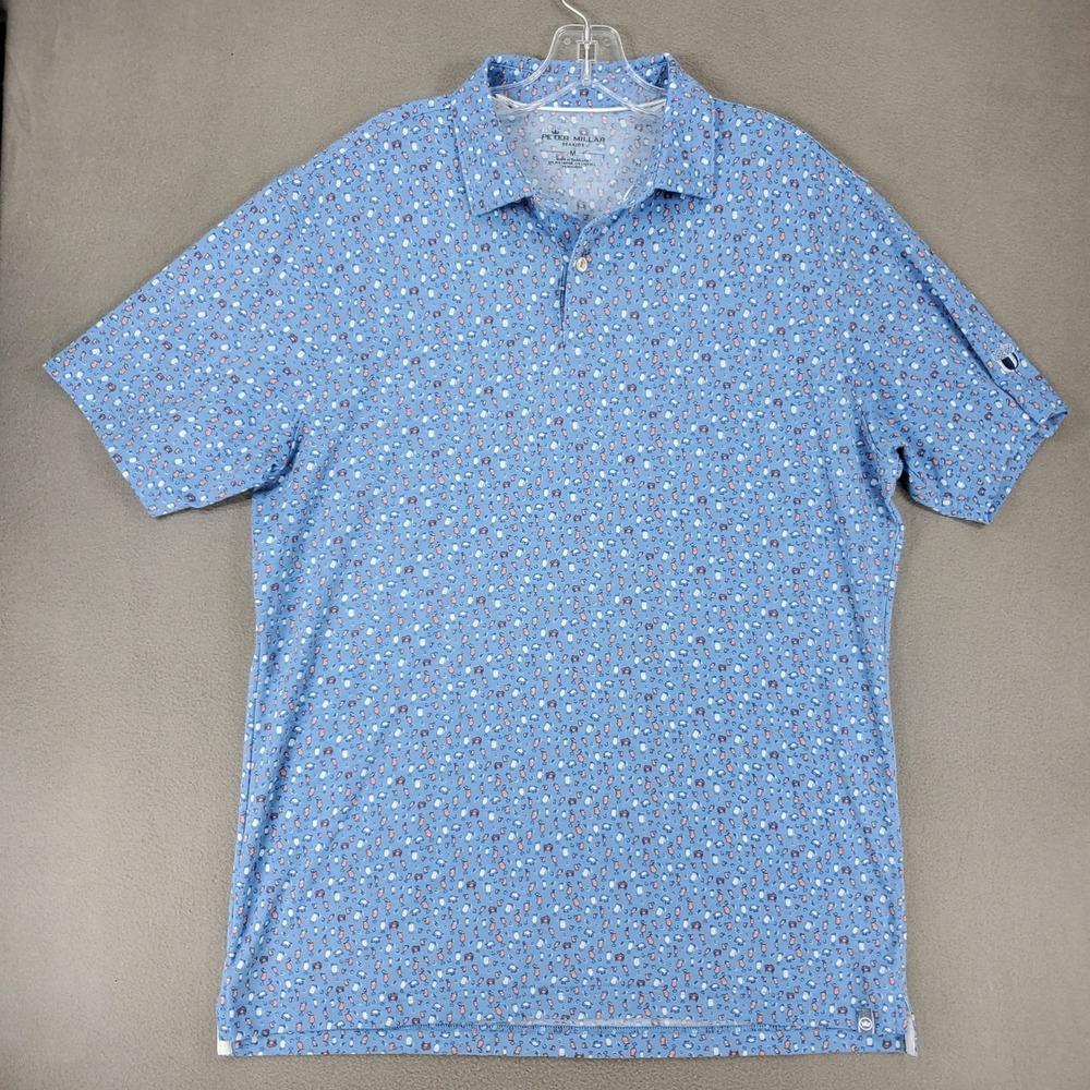 Peter Millar Polo Shirt Men M Blue Seaside Cocktail Claws Print Stretch Logo - Picture 2 of 7